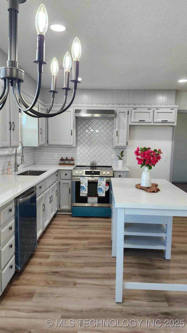 kitchen with stainless steel electric range oven, light wood finished floors, backsplash, a sink, and dishwasher