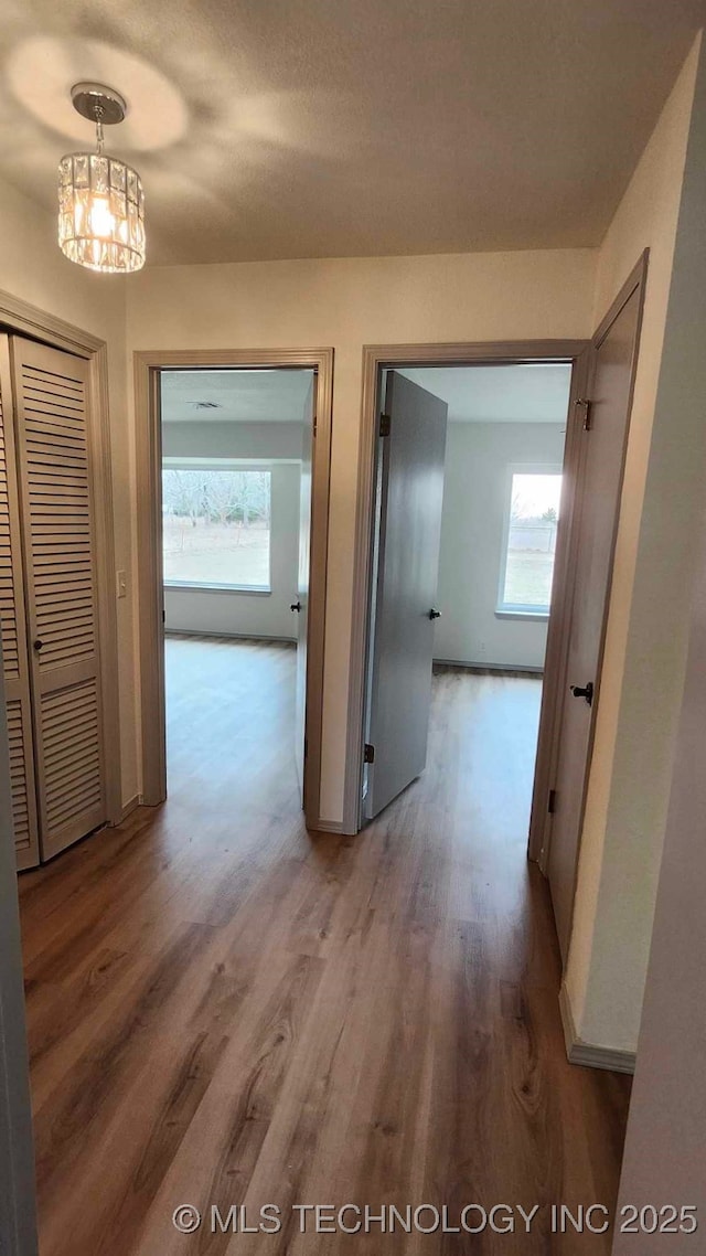 corridor with baseboards and wood finished floors