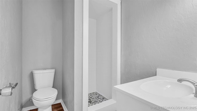 full bathroom featuring a sink, a textured wall, a shower stall, and toilet