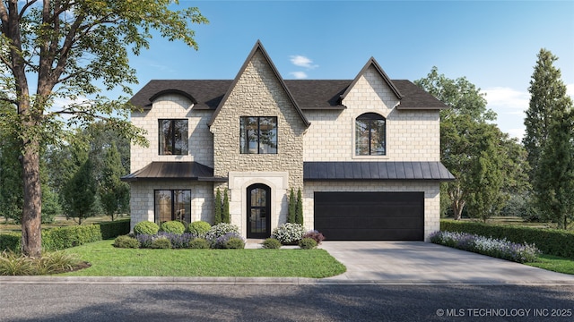 french provincial home with concrete driveway, an attached garage, a standing seam roof, metal roof, and stone siding