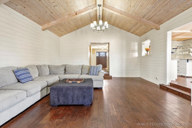 living area featuring lofted ceiling with beams, wood-type flooring, a chandelier, and wooden ceiling