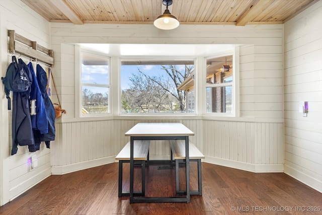 sunroom / solarium featuring wood ceiling and beam ceiling