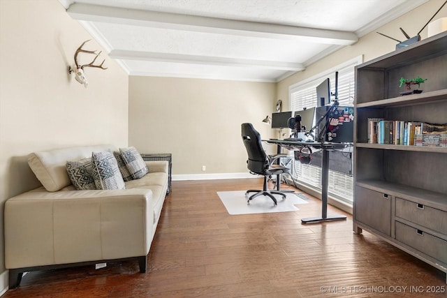 home office featuring crown molding, baseboards, wood finished floors, and beamed ceiling