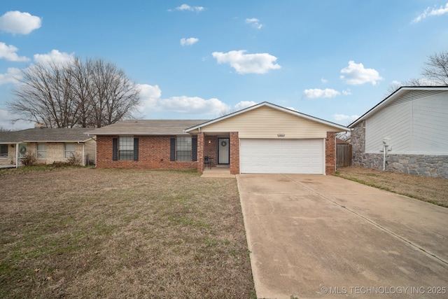 ranch-style house with a front yard, brick siding, driveway, and an attached garage