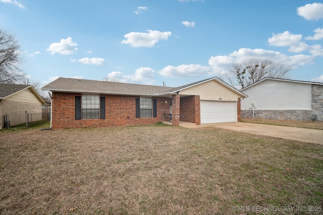 ranch-style home featuring fence, driveway, a front lawn, a garage, and brick siding