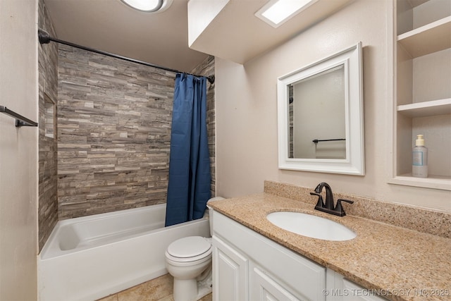 full bathroom with toilet, vanity, and shower / tub combo with curtain