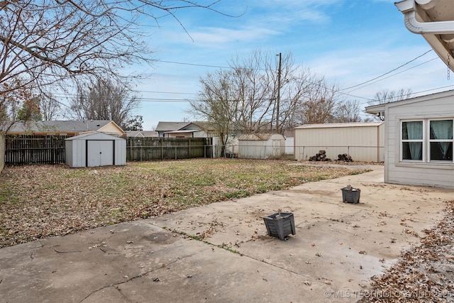 view of yard featuring a storage unit, an outdoor structure, and a fenced backyard