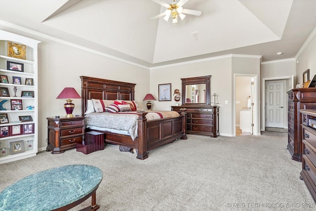 bedroom featuring ornamental molding, a ceiling fan, light carpet, high vaulted ceiling, and baseboards