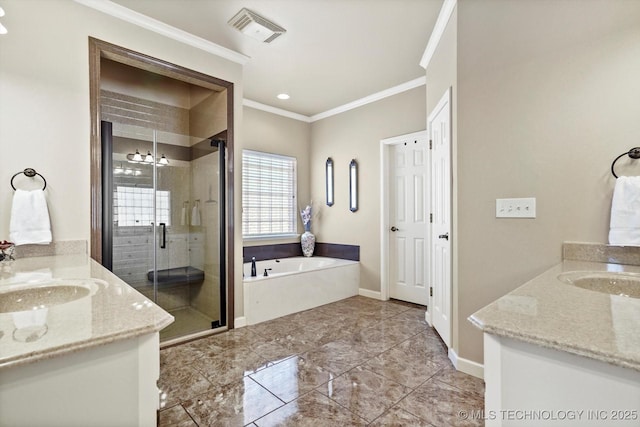 bathroom with a stall shower, visible vents, two vanities, crown molding, and a sink