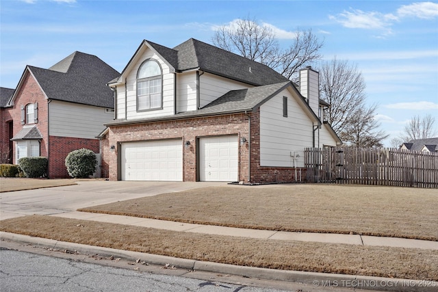 view of front of property with driveway, a shingled roof, a chimney, fence, and brick siding