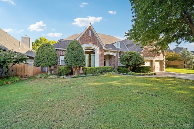 view of front of house with concrete driveway, brick siding, a front yard, and fence