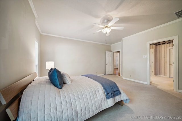 bedroom with light carpet, baseboards, and crown molding