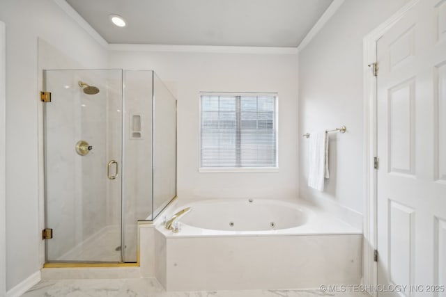 full bath with marble finish floor, crown molding, a shower stall, and a whirlpool tub