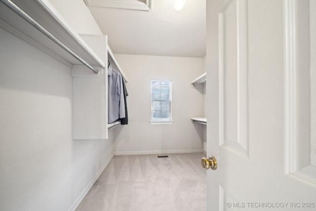 walk in closet with light colored carpet