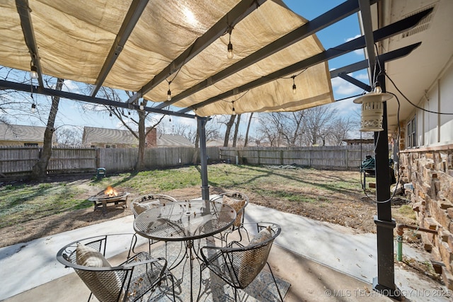 view of patio / terrace featuring an outdoor fire pit and a fenced backyard