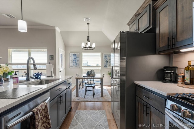 kitchen featuring tasteful backsplash, visible vents, appliances with stainless steel finishes, dark wood-type flooring, and a sink