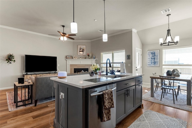 kitchen with a fireplace, wood finished floors, a sink, visible vents, and stainless steel dishwasher