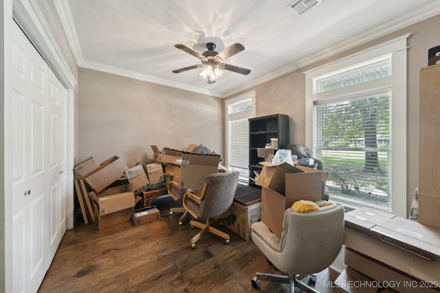 office area with ornamental molding, visible vents, ceiling fan, and dark wood-type flooring