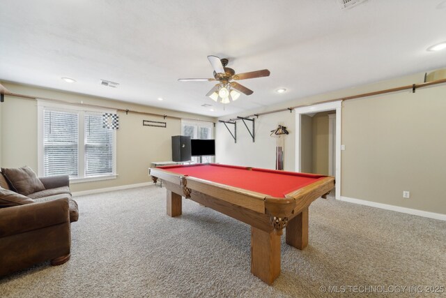 playroom featuring a wealth of natural light, baseboards, visible vents, and carpet flooring