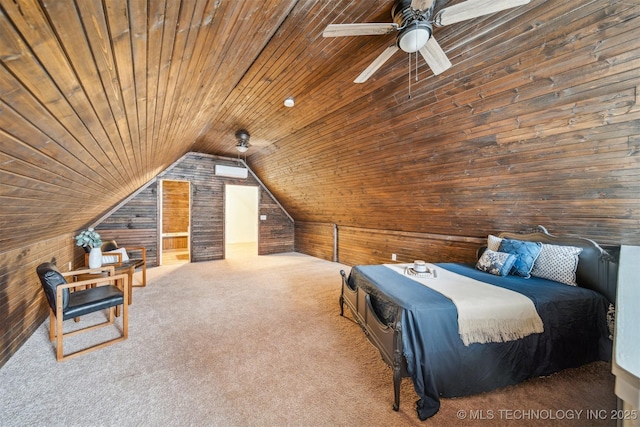 bedroom with wood walls, wood ceiling, vaulted ceiling, and carpet