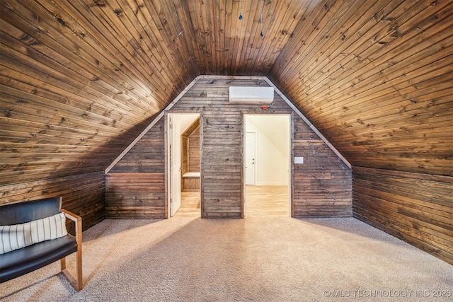 additional living space with carpet floors, wood walls, and lofted ceiling