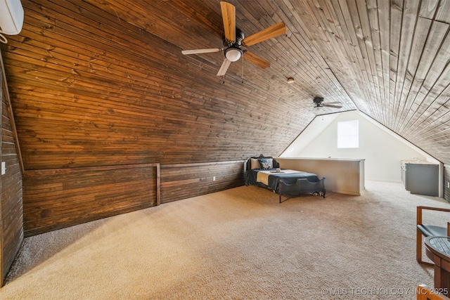 additional living space featuring wood walls, wood ceiling, vaulted ceiling, and carpet flooring