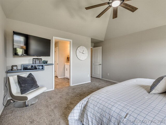 carpeted bedroom with lofted ceiling, ceiling fan, and baseboards