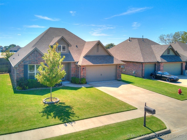 view of front of home featuring a garage, brick siding, driveway, roof with shingles, and a front lawn