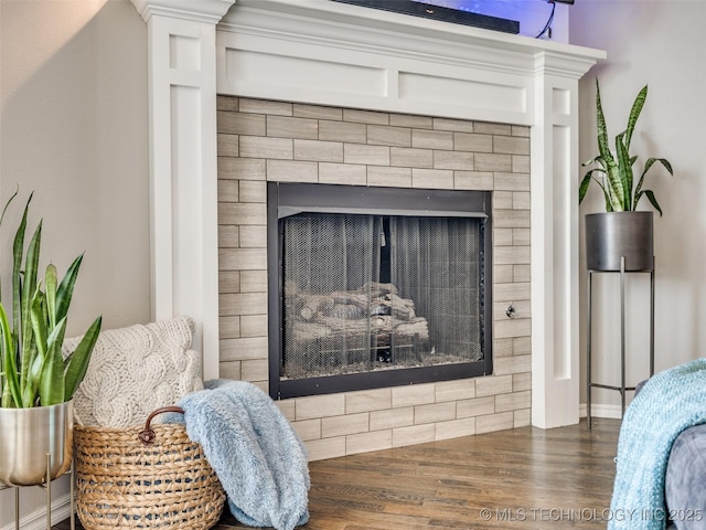 interior details featuring a fireplace and wood finished floors