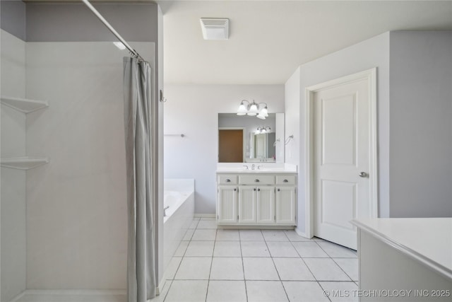 full bath featuring tile patterned flooring, a garden tub, visible vents, vanity, and a shower with curtain