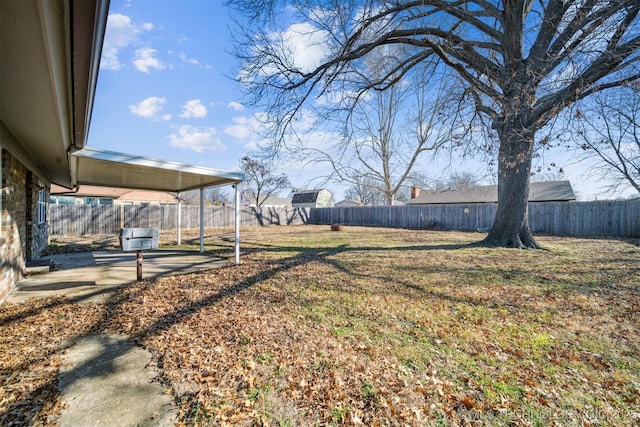 view of yard with a fenced backyard and a patio