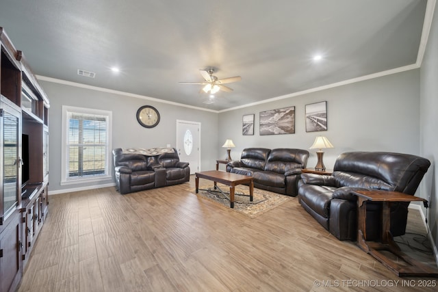 2374 N 205th Rd, Beggs, OK 74421 - living area featuring ceiling fan, light wood-style floors, baseboards, ornamental molding, and recessed lighting