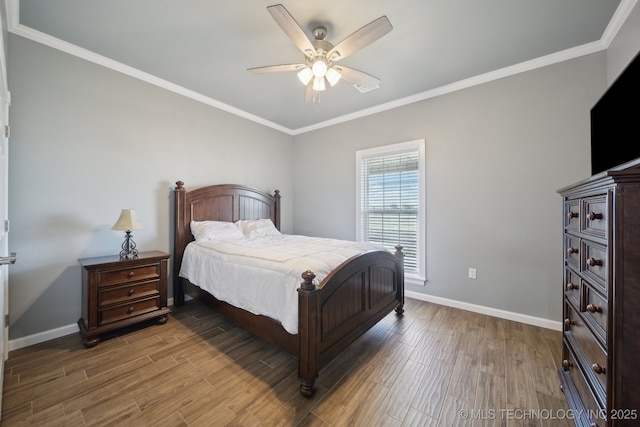 2374 N 205th Rd, Beggs, OK 74421 - bedroom with baseboards, wood finished floors, crown molding, and ceiling fan