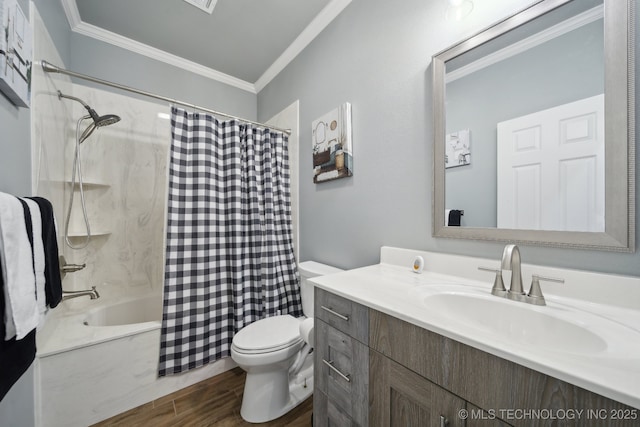 2374 N 205th Rd, Beggs, OK 74421 - full bathroom with toilet, wood finished floors, vanity, ornamental molding, and shower / bath combination with curtain