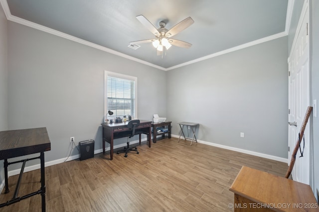 2374 N 205th Rd, Beggs, OK 74421 - office space featuring ceiling fan, crown molding, wood finished floors, and baseboards