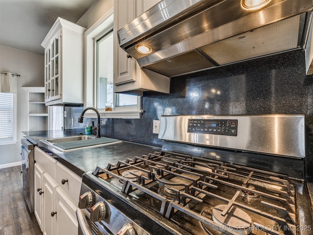 kitchen featuring range hood, dark countertops, appliances with stainless steel finishes, dark wood-type flooring, and a sink