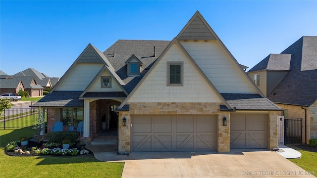 view of front of home featuring stone siding, fence, concrete driveway, and roof with shingles