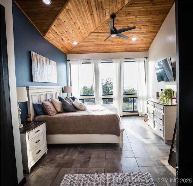 bedroom featuring lofted ceiling, wood ceiling, and recessed lighting