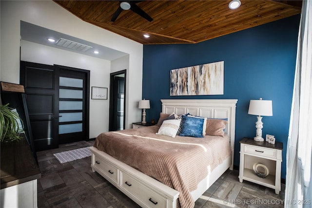 bedroom with wooden ceiling, visible vents, and recessed lighting