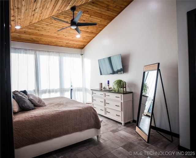 bedroom featuring high vaulted ceiling and wooden ceiling