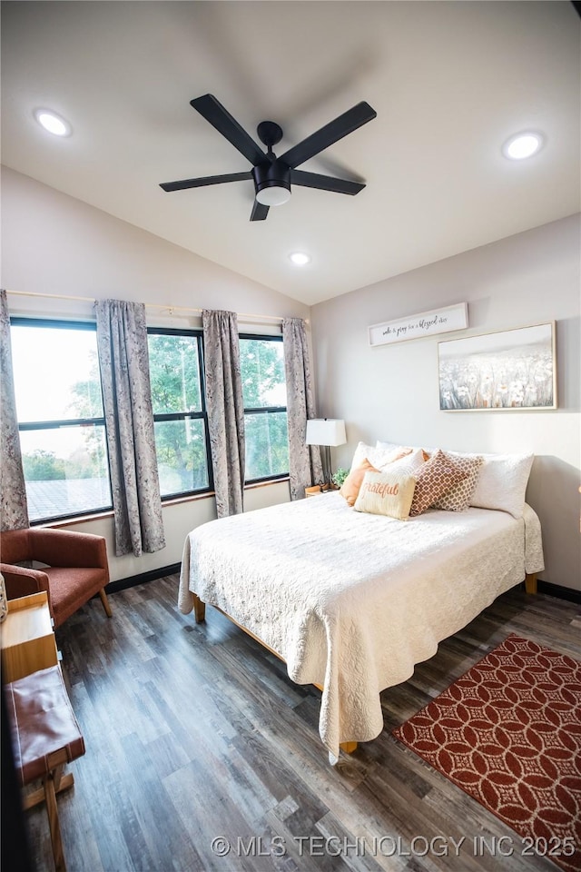 bedroom featuring lofted ceiling, ceiling fan, wood finished floors, and recessed lighting