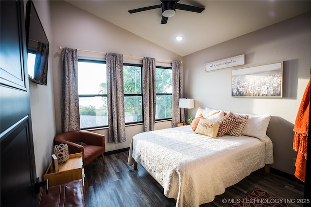 bedroom with lofted ceiling, dark wood-style flooring, ceiling fan, and recessed lighting