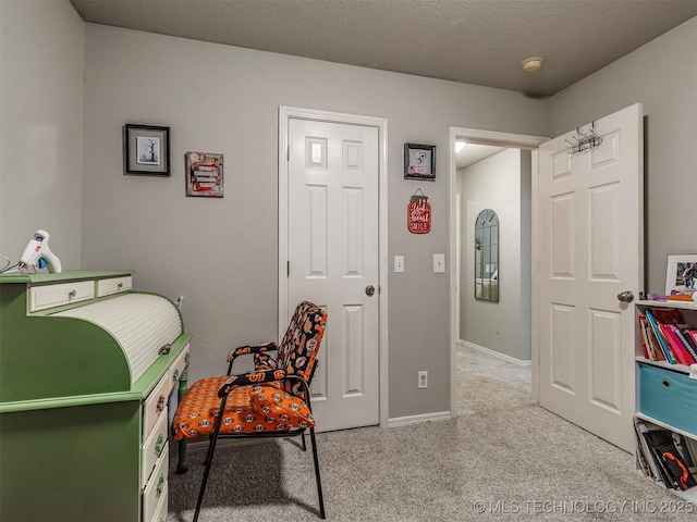 bedroom featuring carpet, baseboards, and a textured ceiling