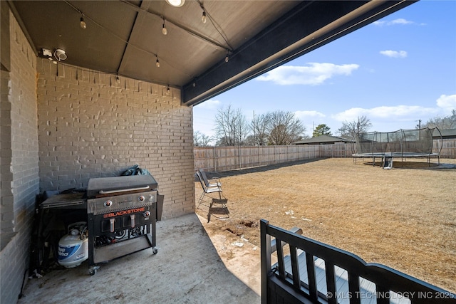 view of yard featuring a fenced backyard and a trampoline