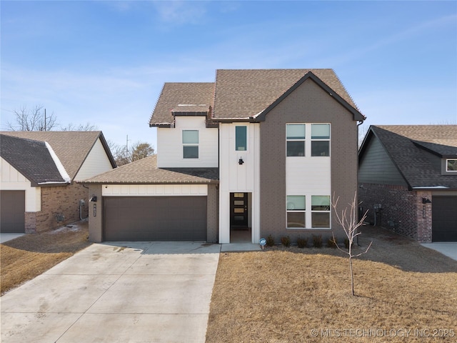 view of front of property featuring an attached garage, a shingled roof, concrete driveway, and brick siding