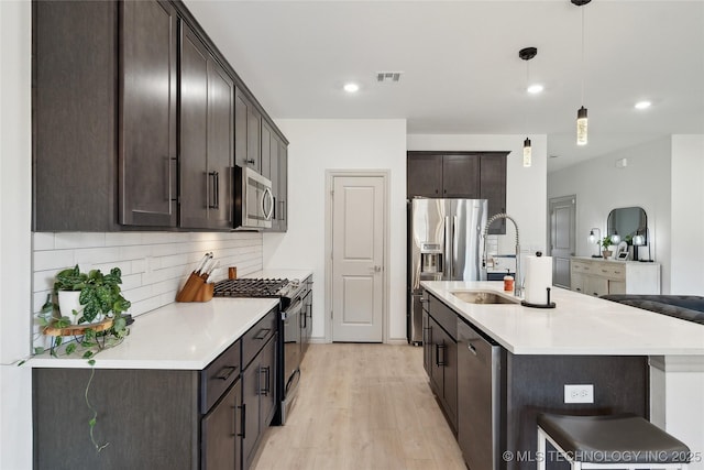 kitchen featuring dark brown cabinetry, tasteful backsplash, light wood finished floors, stainless steel appliances, and a sink