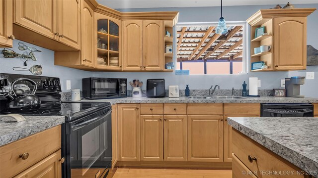 36953 US Highway 70, Bennington, OK 74723 - kitchen featuring black appliances, open shelves, a sink, light wood finished floors, and glass insert cabinets