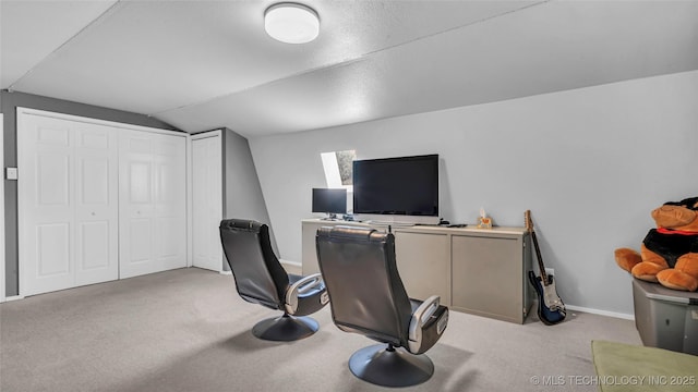 36953 US Highway 70, Bennington, OK 74723 - office area featuring vaulted ceiling, carpet flooring, and baseboards