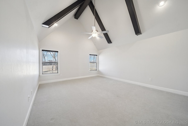 unfurnished room featuring ceiling fan, high vaulted ceiling, carpet flooring, baseboards, and beamed ceiling