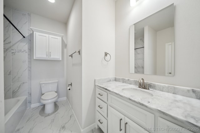 full bathroom with shower / washtub combination, marble finish floor, toilet, vanity, and baseboards